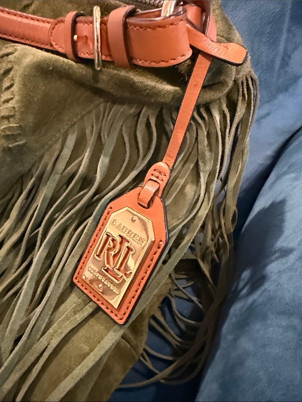 Ralph Lauren Olive Suede Fringe Shoulder Bag with Tan Leather Strap 16x14in. - Picture 3 of 7